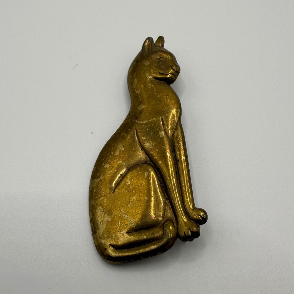 Vintage Brass Cat Brooch Egyptian Revival Art‎ Deco Seated Feline Pin